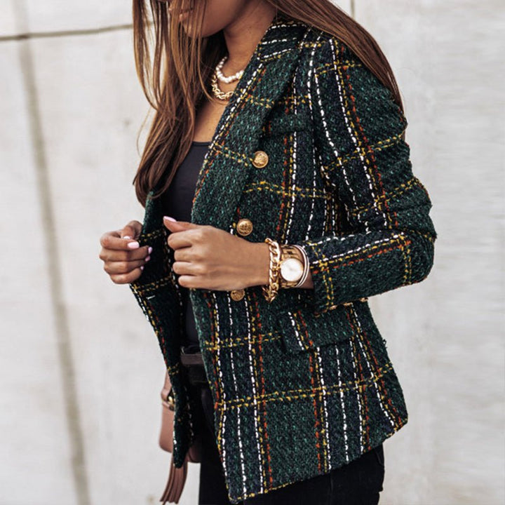 Women's plaid double-breasted tailored blazer with gold buttons. Elegant business casual jacket for office wear.