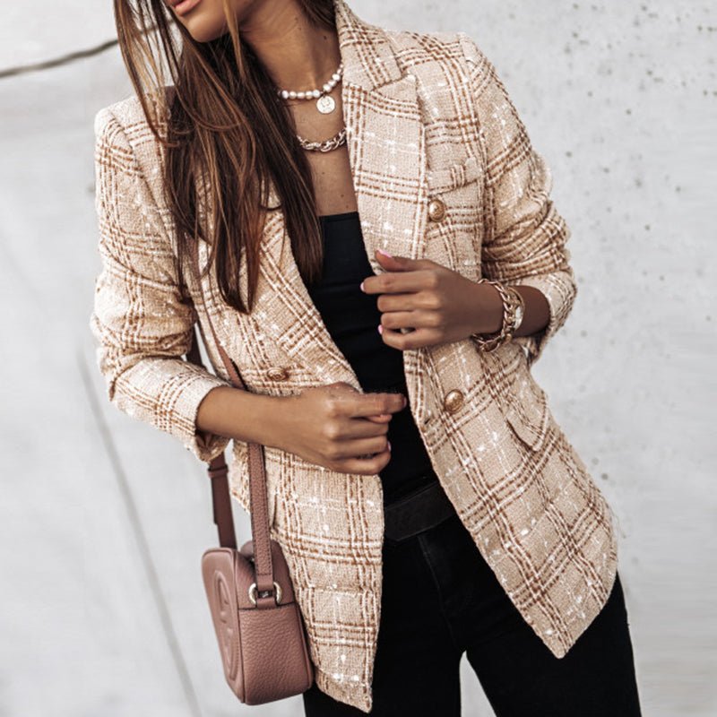 Classic women's plaid blazer, double-breasted with gold buttons. Tailored fit for elegant office & business casual fashion.