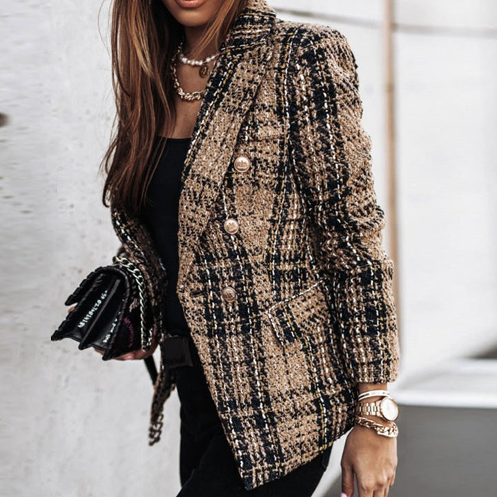 Stylish women's plaid tailored blazer. Features gold buttons & a double-breasted design, perfect for sophisticated office wear.
