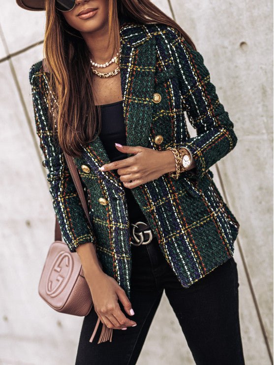 Womens plaid double-breasted tailored blazer. Gold buttons, classic fit. Ideal for business, office, and fashion.