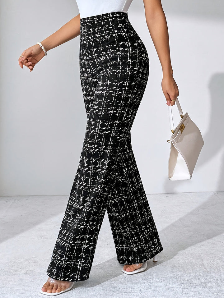 Women's plaid high-waisted flare pants, elegant and comfortable stretch knit trousers.