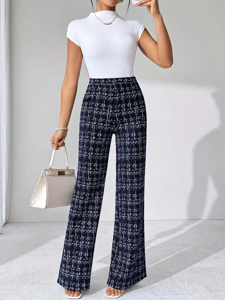 Women's knit plaid flare pants, comfortable high-waisted design with ample stretch.