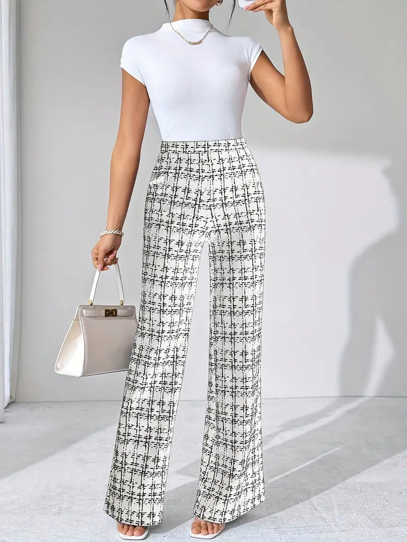 Stylish women's plaid flare trousers, high-waisted and made from soft, stretchy knit.