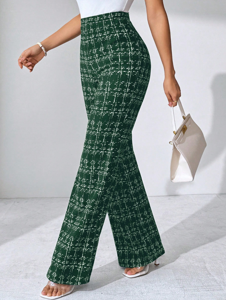 Women's versatile plaid high-waisted flare pants, comfortable stretch knit for any occasion.