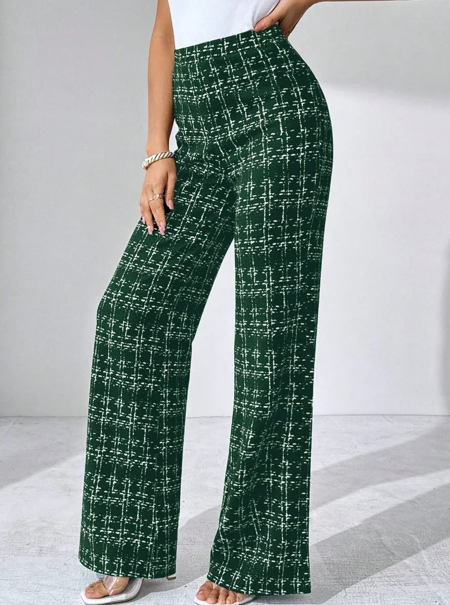 Chic women's plaid high-waisted flare trousers, featuring a comfortable stretch design.