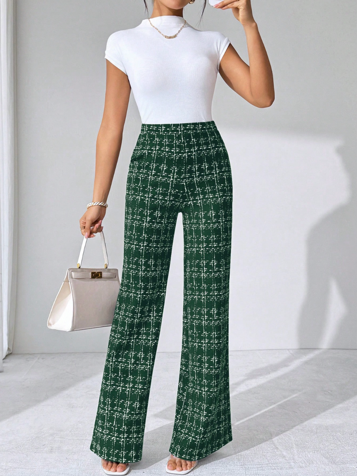 Women's comfortable plaid high-waisted flare pants, knit fabric with elegant styling.