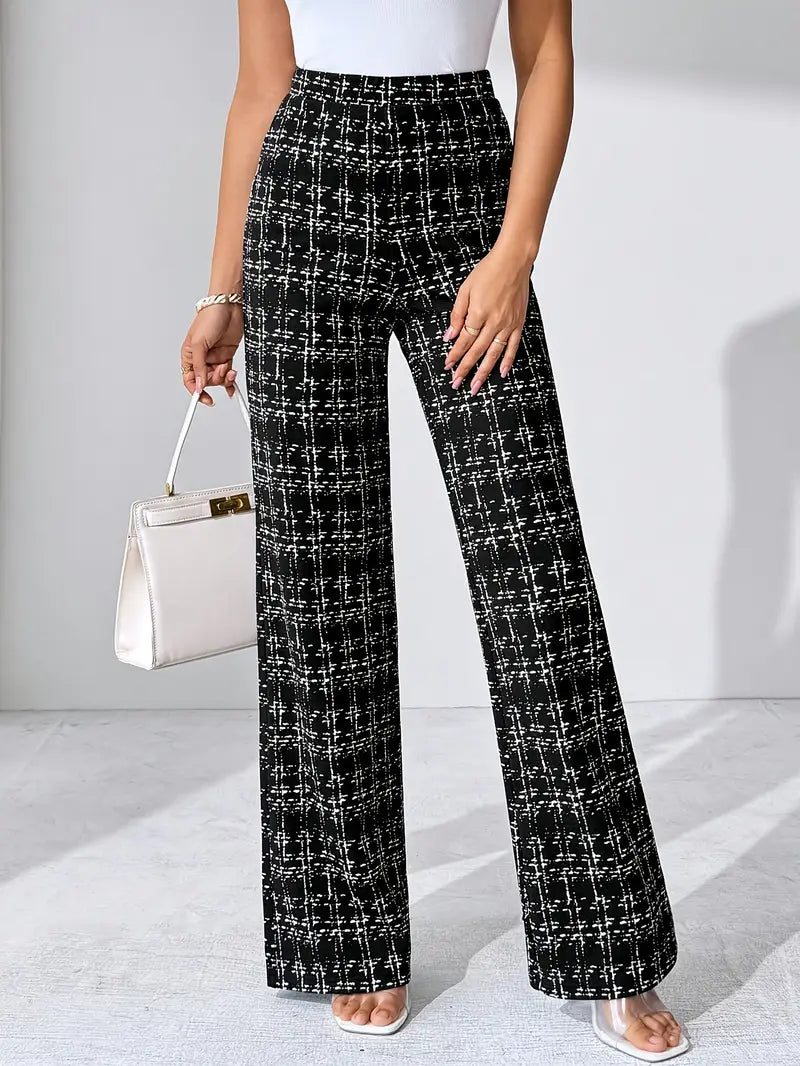 Elegant women's plaid flare trousers with a comfortable high-waisted stretch fit.