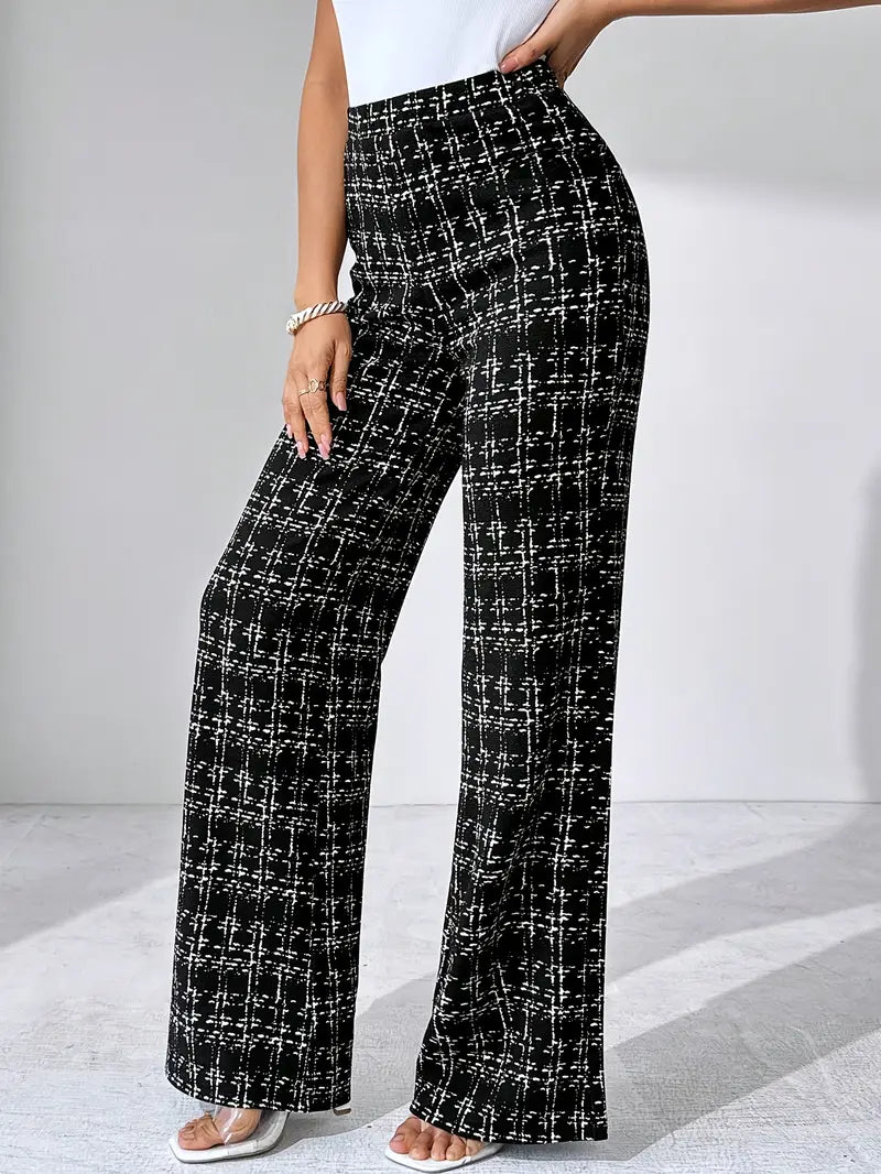 Comfortable women's high-waisted plaid flare pants, knit stretch fabric.