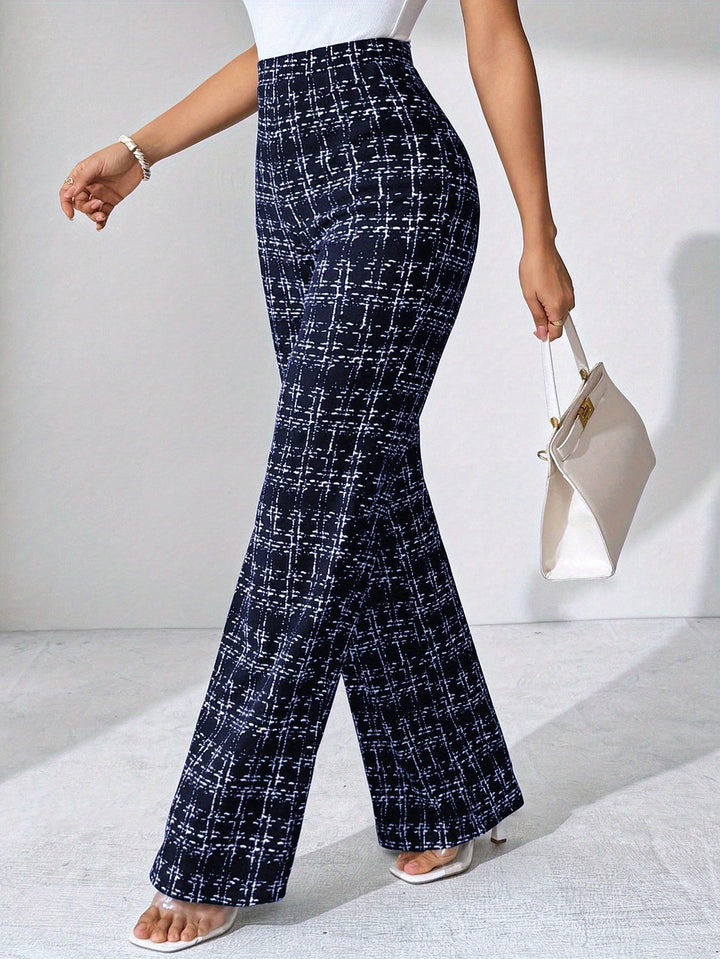 Chic women's stretch knit plaid high-waisted flare trousers, comfortable and stylish.
