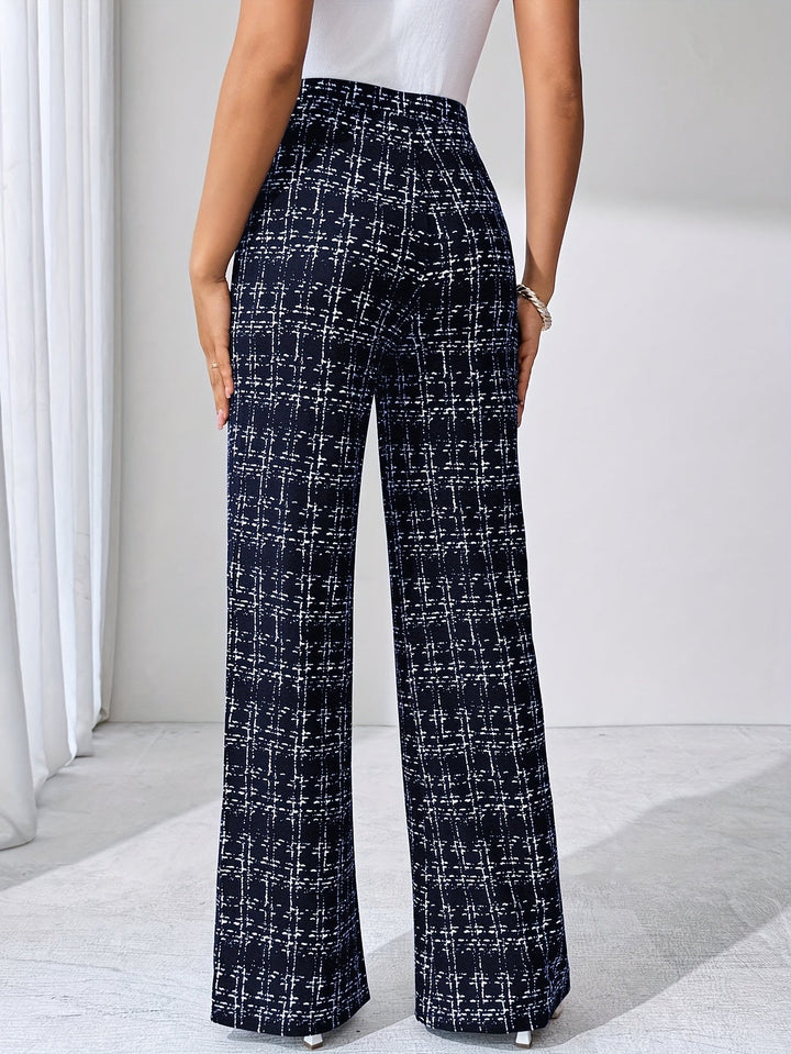 Women's high-waisted plaid flare pants, made from comfortable, stretchy knit fabric.