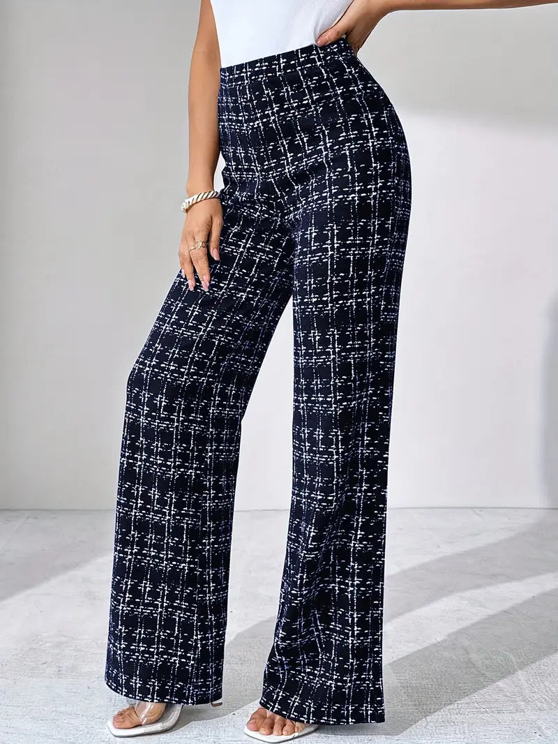 Fashionable women's plaid high-waisted flare trousers, offering stretch and comfort.