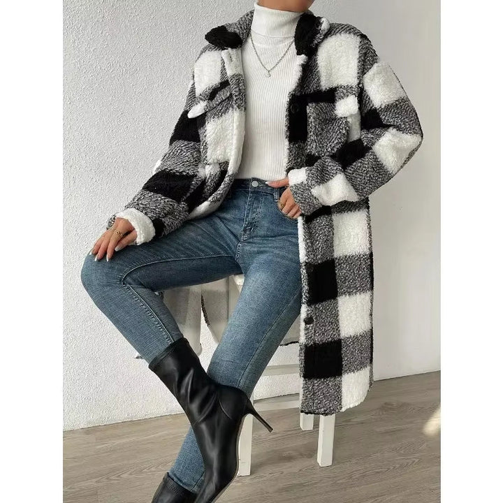 Fall fashion women's longline plaid coat, combining warmth and stylish casual wear.
