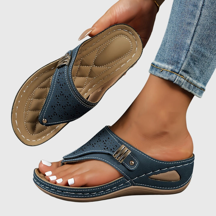 Detail of women's platform ankle strap sandals, showing comfortable open toe design & sturdy chunky heel.