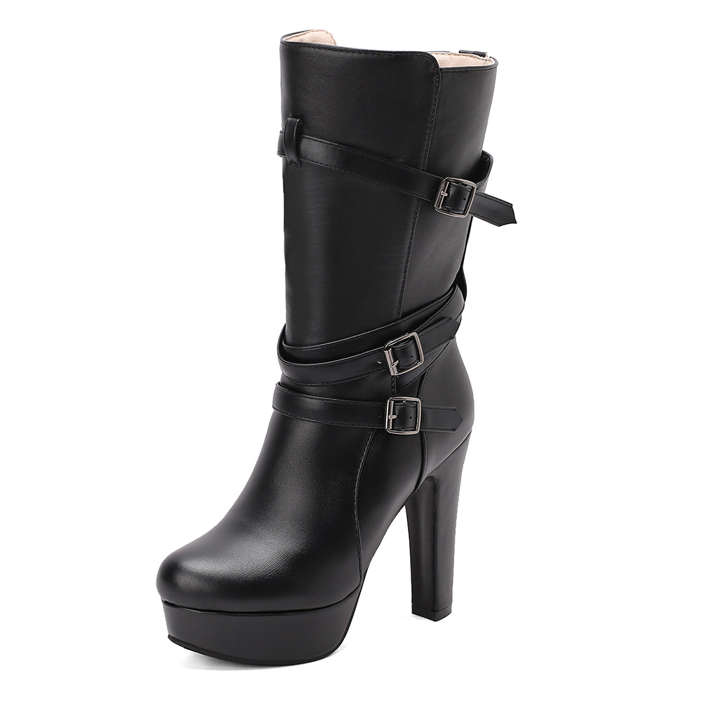 Durable women's platform mid-calf boots, featuring trendy buckle straps for a confident look.