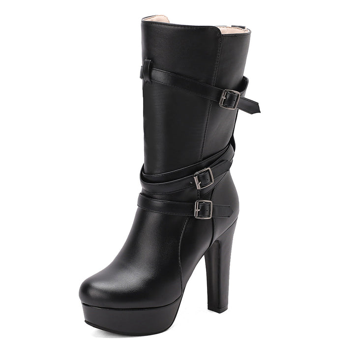 Durable women's platform mid-calf boots, featuring trendy buckle straps for a confident look.