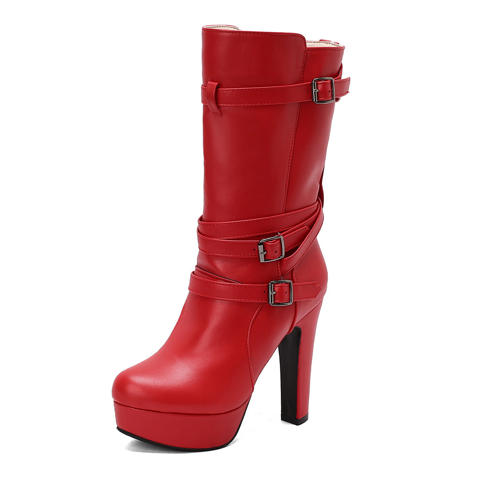Women's statement platform mid-calf boots; high-heel style featuring elegant buckle details.