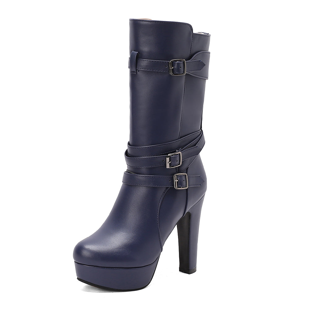 Modern women's platform mid-calf boots with unique buckle designs for a trendy style.