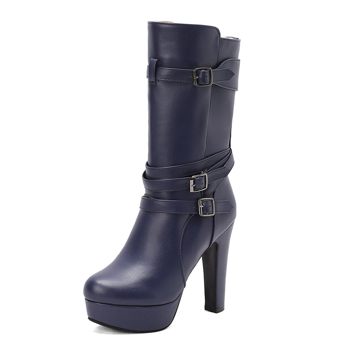 Modern women's platform mid-calf boots with unique buckle designs for a trendy style.