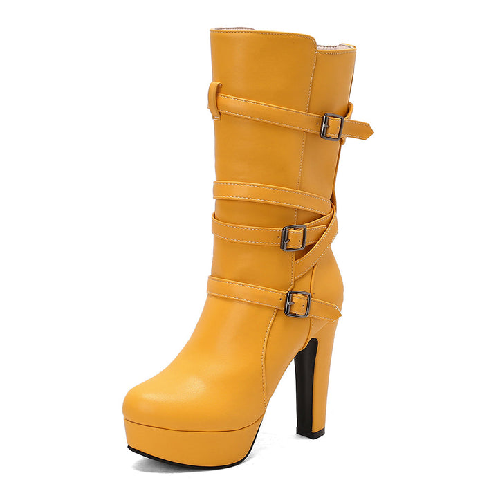 Versatile women's high-heel platform boots, mid-calf, with fashionable and adjustable buckles.