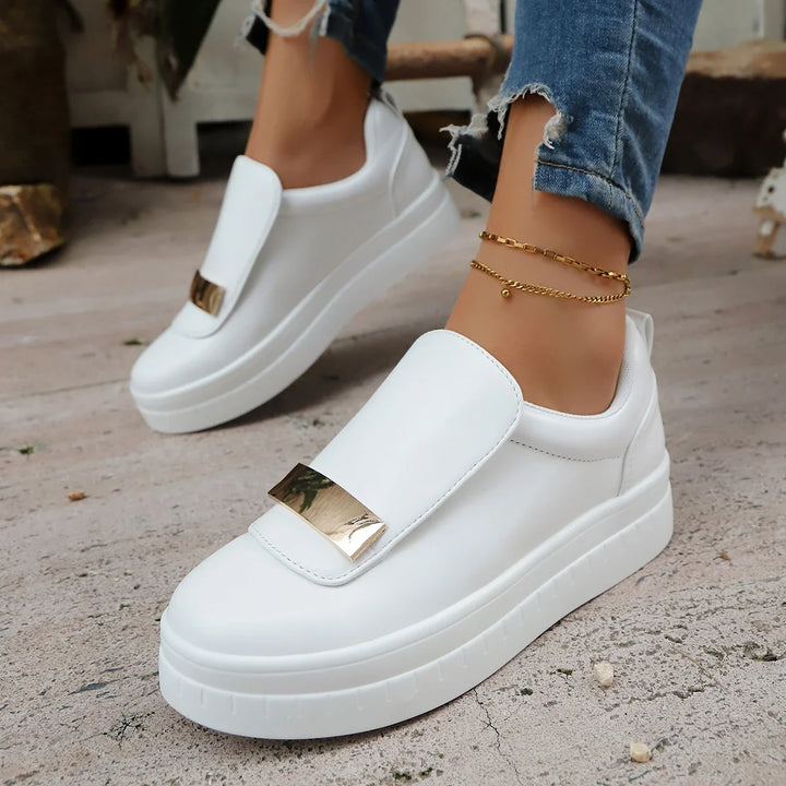 Women's platform sneakers, featuring orthopedic support, shock absorption & gold details.