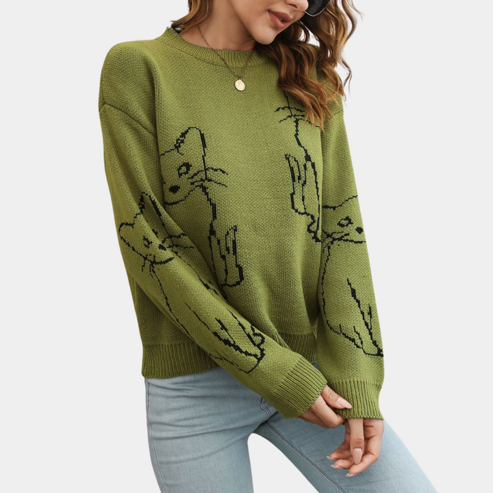 Women's playful cat graphic pullover sweater, long sleeve for casual autumn & winter fashion.