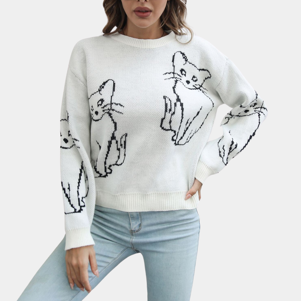 Women's long sleeve cat graphic pullover sweater, a soft & comfortable top for casual autumn fashion.
