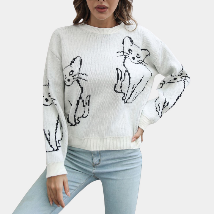 Women's long sleeve cat graphic pullover sweater, a soft & comfortable top for casual autumn fashion.