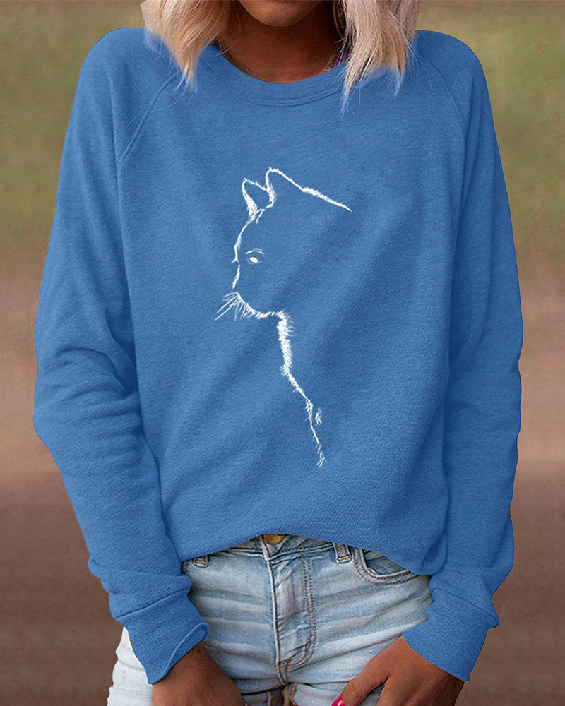 Women's cozy fashion loose fit sweatshirt, featuring a delightful playful cat print design.