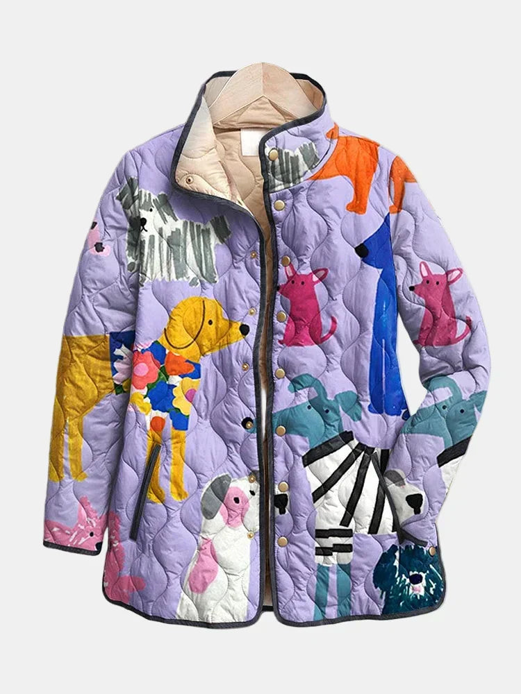 Women's playful dog print quilted casual jacket for fall & winter. Stylish, comfortable, and lightweight outerwear.