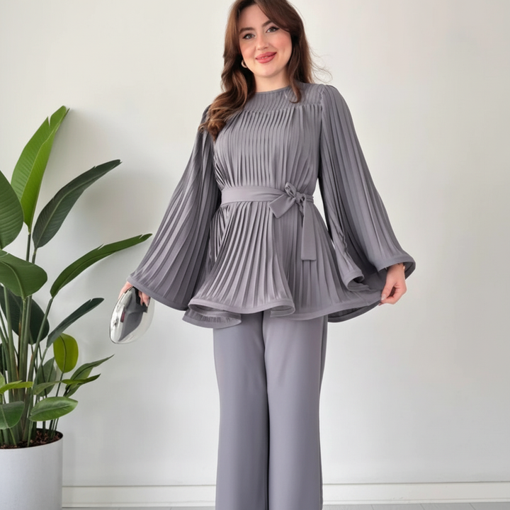 Casual chic women's two-piece lounge set, pleated top and wide leg pants, spring summer.