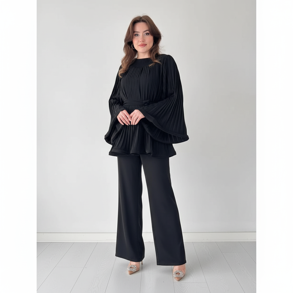 Elegant women's pleated blouse and wide leg pants set, ideal for spring summer comfort.