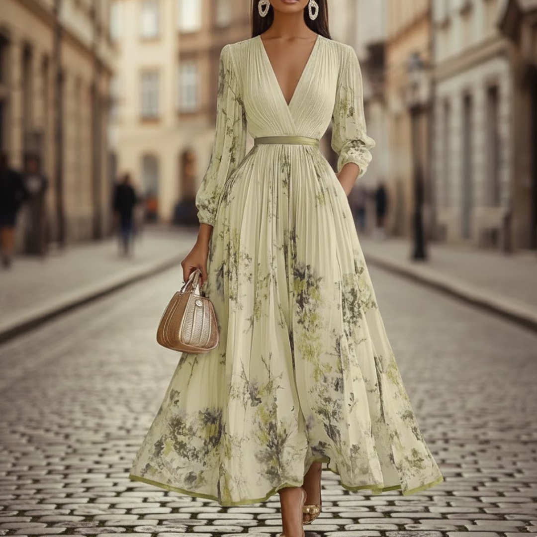 Women's pleated floral maxi dress, V-neck, long sleeves. Elegant spring/summer fashion, perfect for casual or semi-formal.