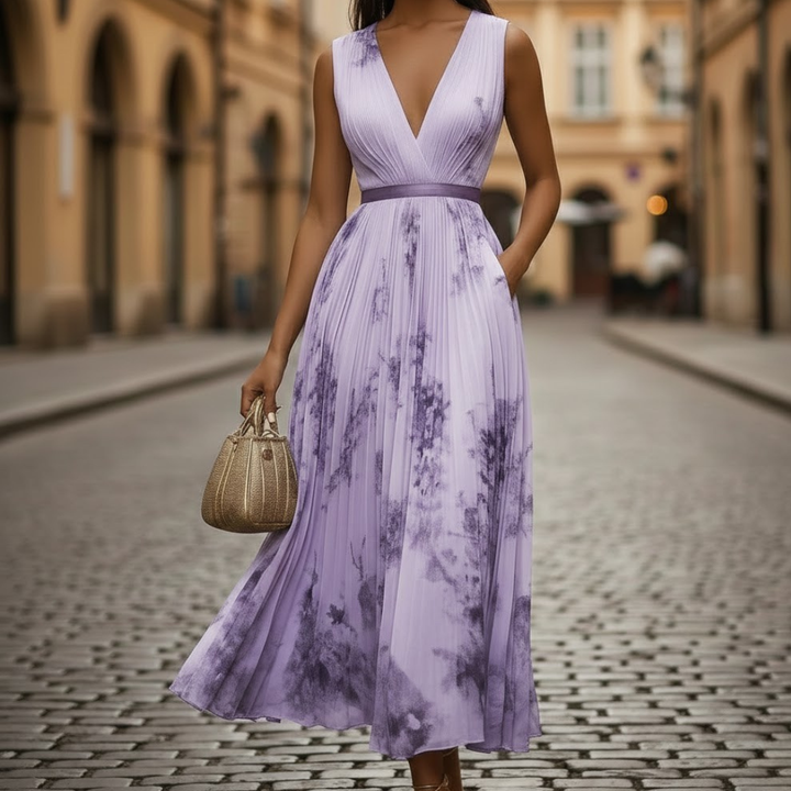 Elegant women's floral pleated maxi dress with V-neck & long sleeves. Versatile for spring/summer casual & semi-formal wear.