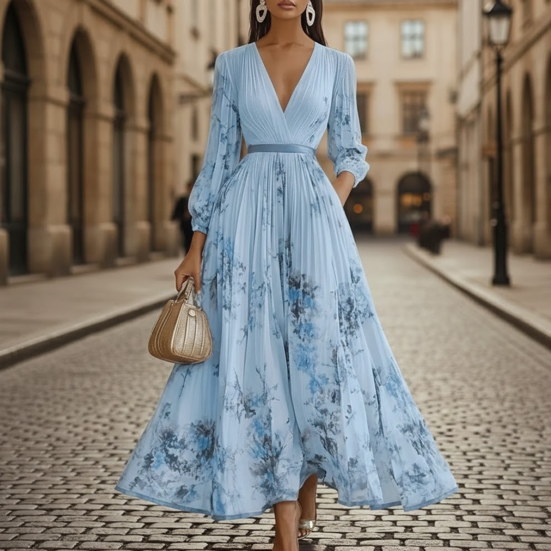 Close-up of women's pleated floral maxi dress fabric, showcasing V-neckline & long sleeve detail. Spring/summer style.