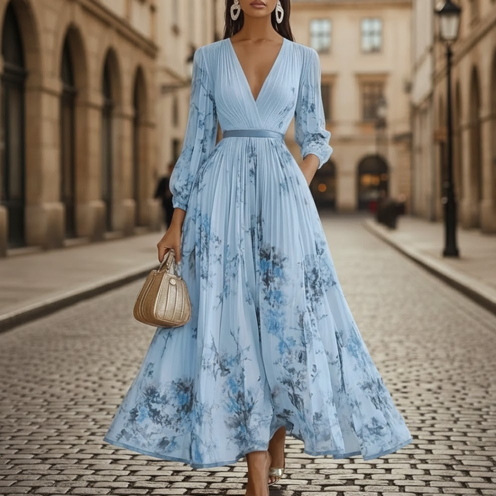 Close-up of women's pleated floral maxi dress fabric, showcasing V-neckline & long sleeve detail. Spring/summer style.