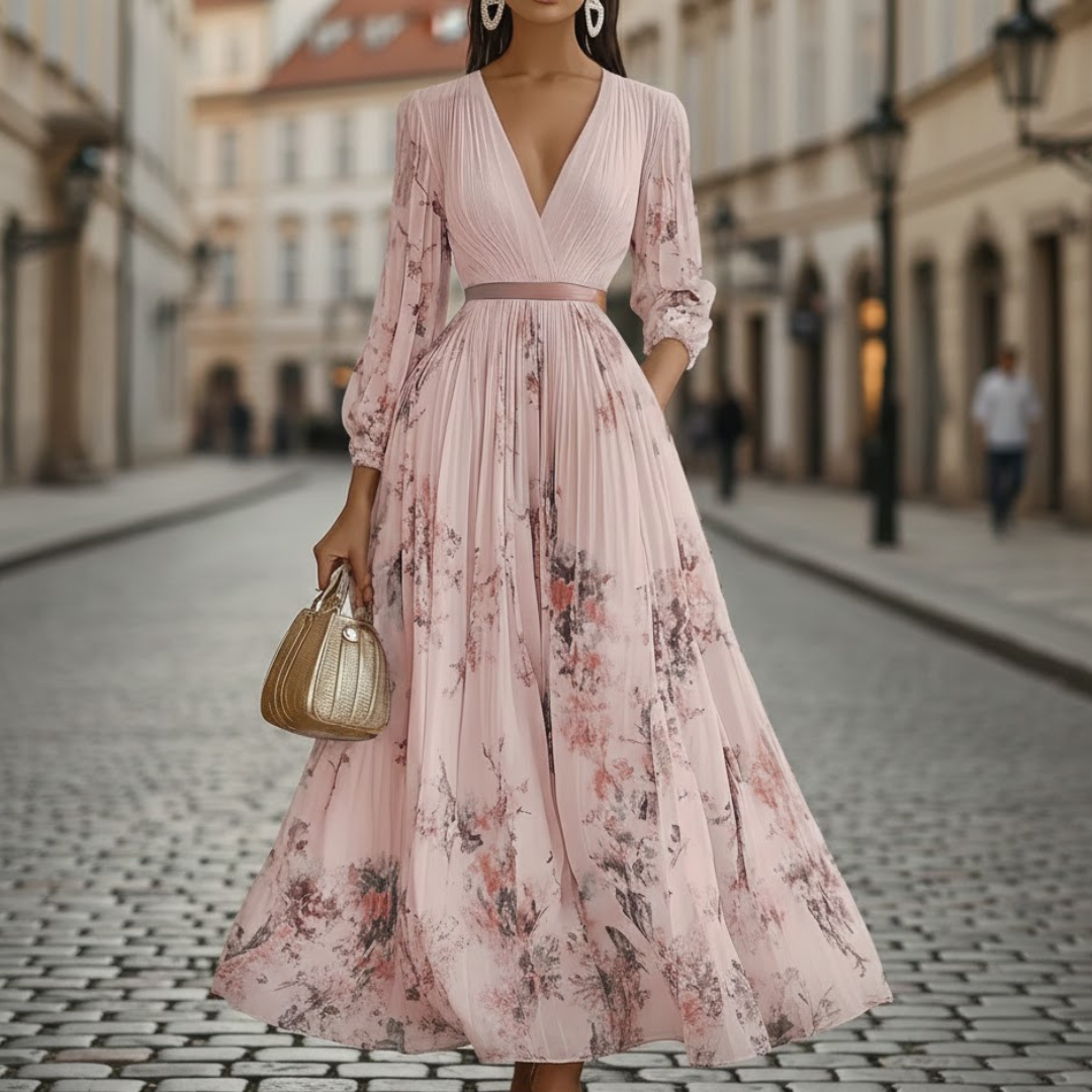 Full shot of women's V-neck long sleeve floral pleated maxi dress. Flowing design ideal for elegant spring/summer events.