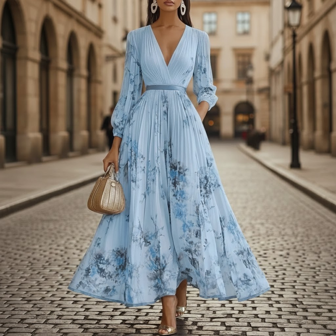Chic women's floral print pleated maxi dress, V-neck, long sleeves. A sophisticated choice for spring & summer occasions.