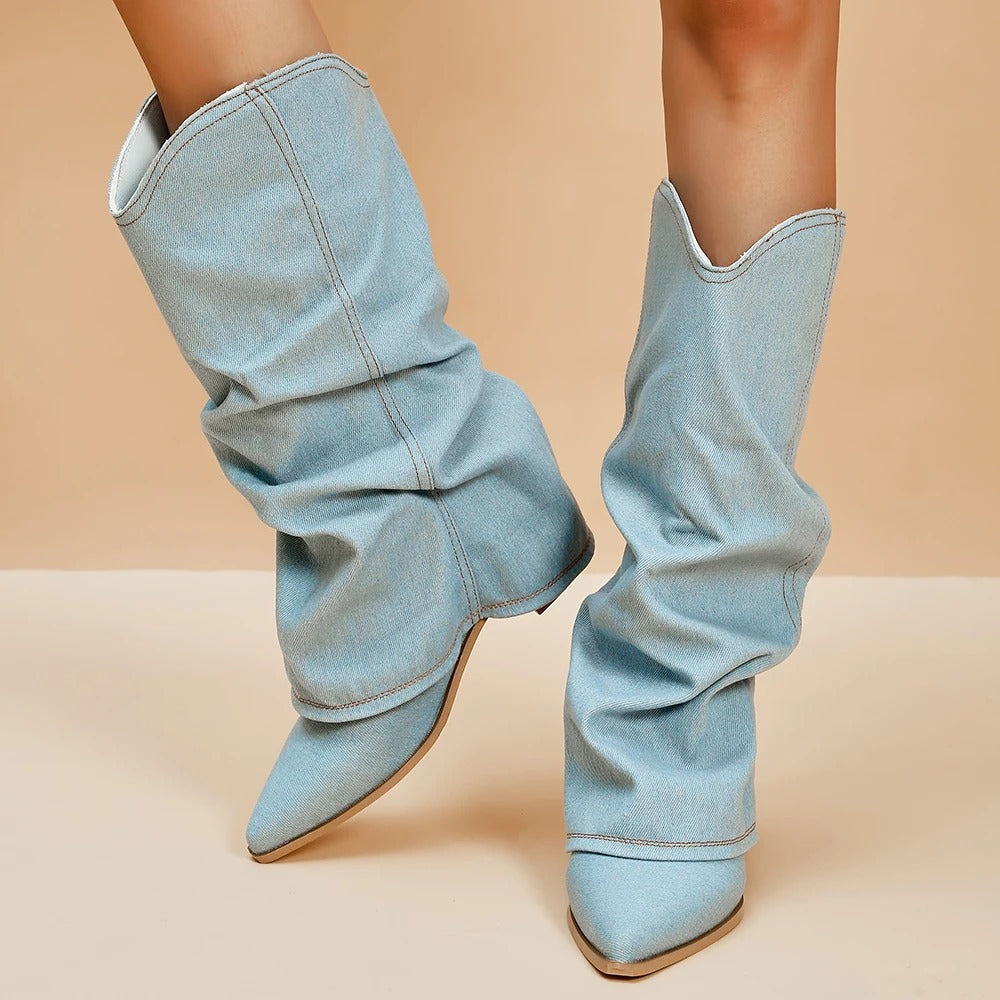Women's pleated pointed-toe tall black block heel boots for fall winter fashion.
