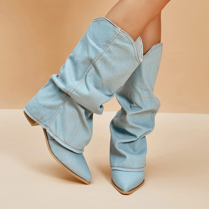 Chic women's tall pleated block heel boots with pointed toe, perfect for everyday fall wear.