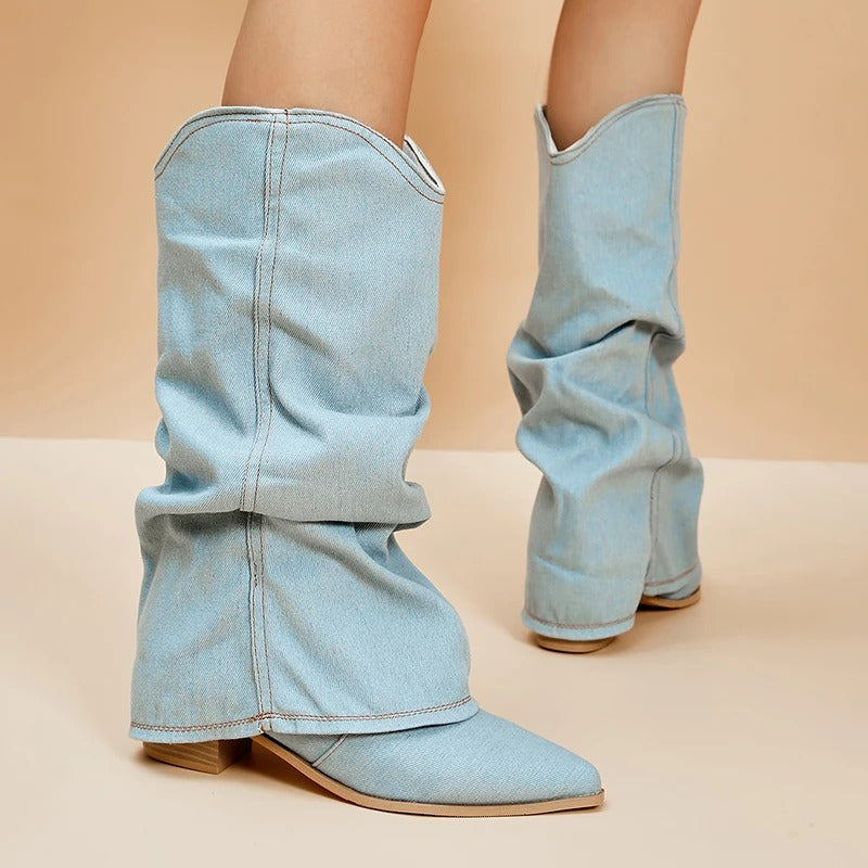 Elegant women's pleated tall boots featuring a pointed toe and sturdy block heel.
