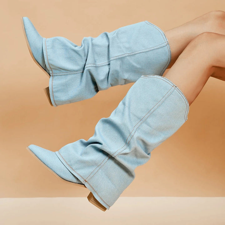 Stylish women's block heel tall boots, pointed toe design with chic pleated detailing.