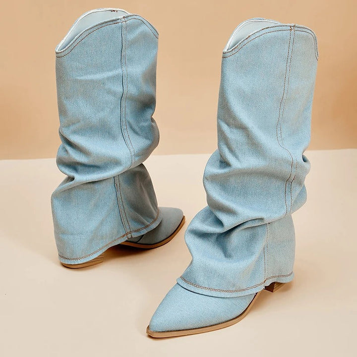 Fall winter women's fashion: tall pleated pointed-toe boots with comfortable block heels.