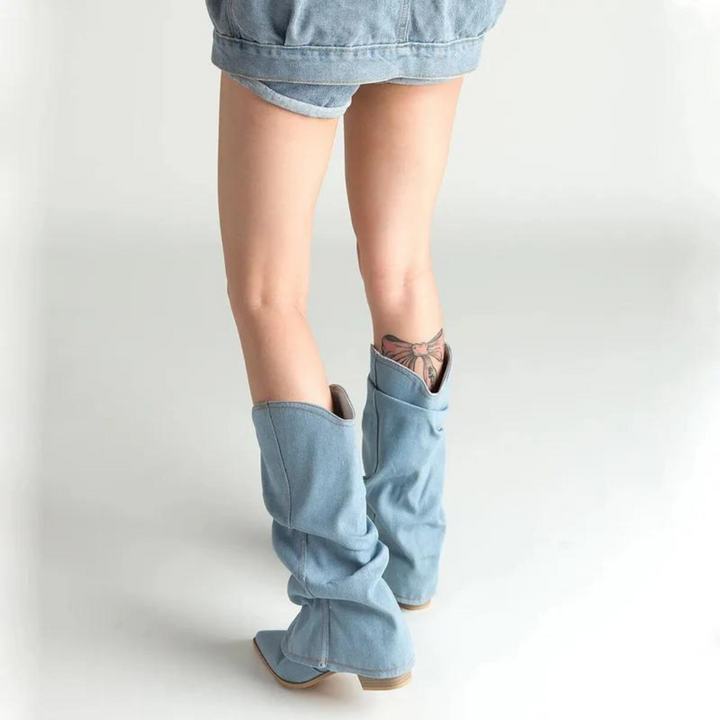 Pointed-toe pleated tall boots for women, designed with a comfortable block heel for fashion.