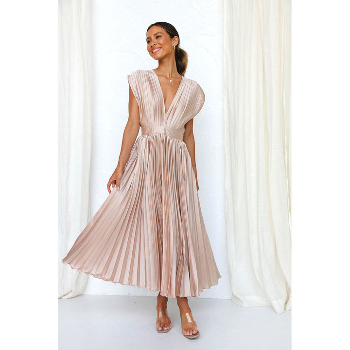 Women's pleated V-neck midi dress, vibrant, elegant for summer casual or party wear.