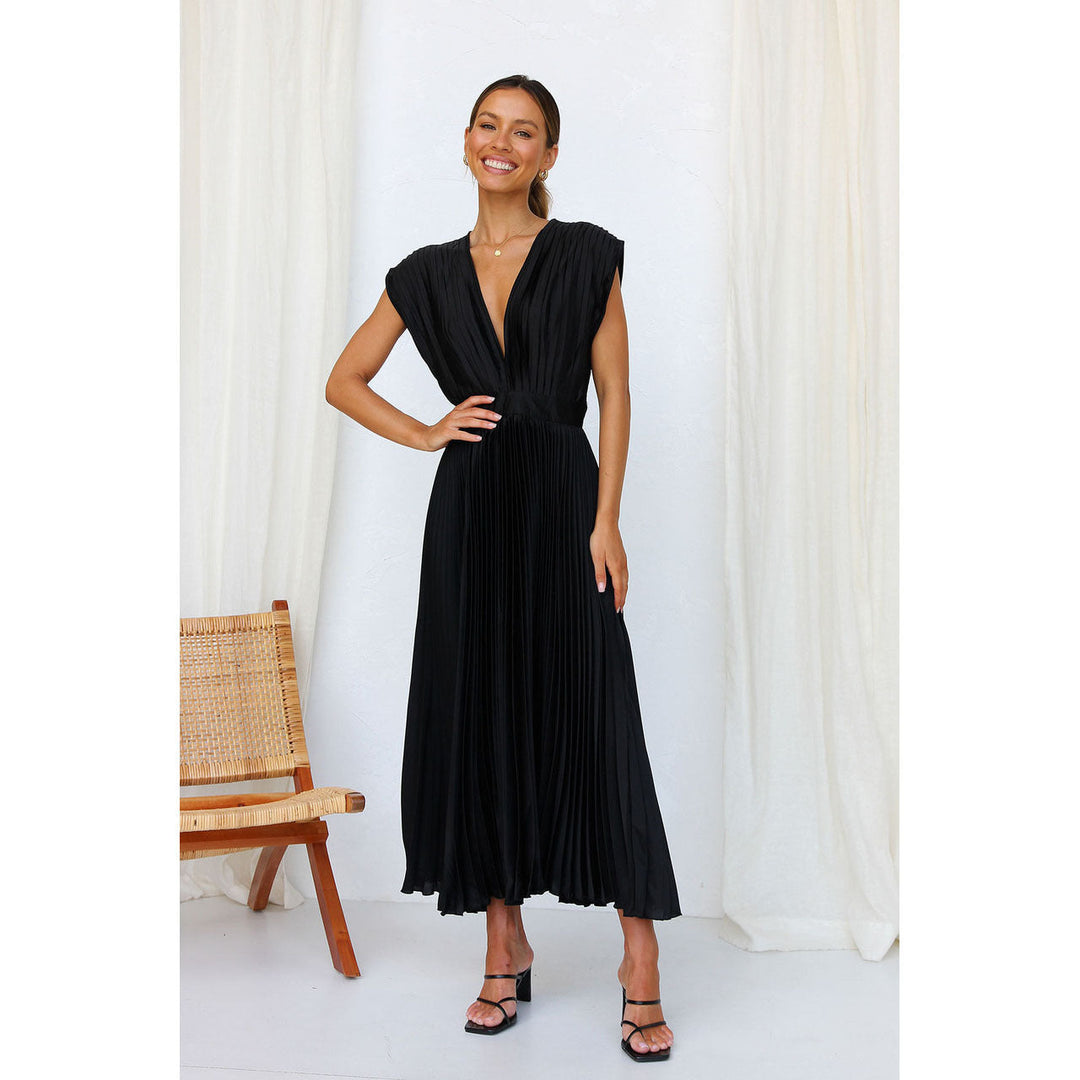 Elegant pleated V-neck midi dress for women, offering versatile style for any occasion.