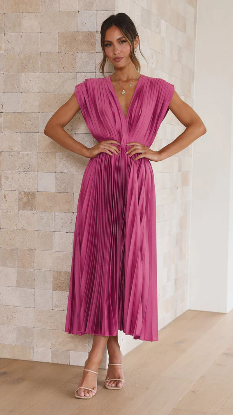 Elegant women's pleated midi dress with flattering V-neck, suitable for summer casual or evening.