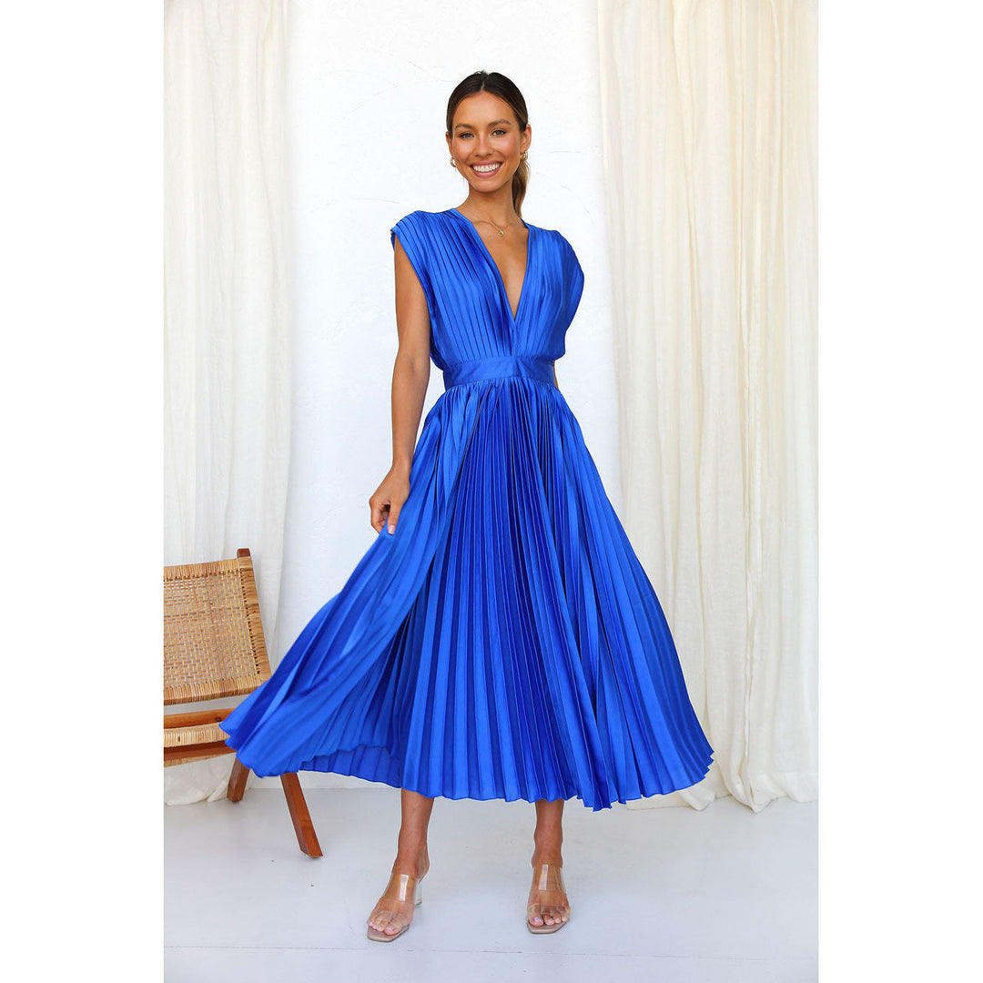Pleated V-neck midi dress for women, an elegant and versatile choice for casual or party wear.