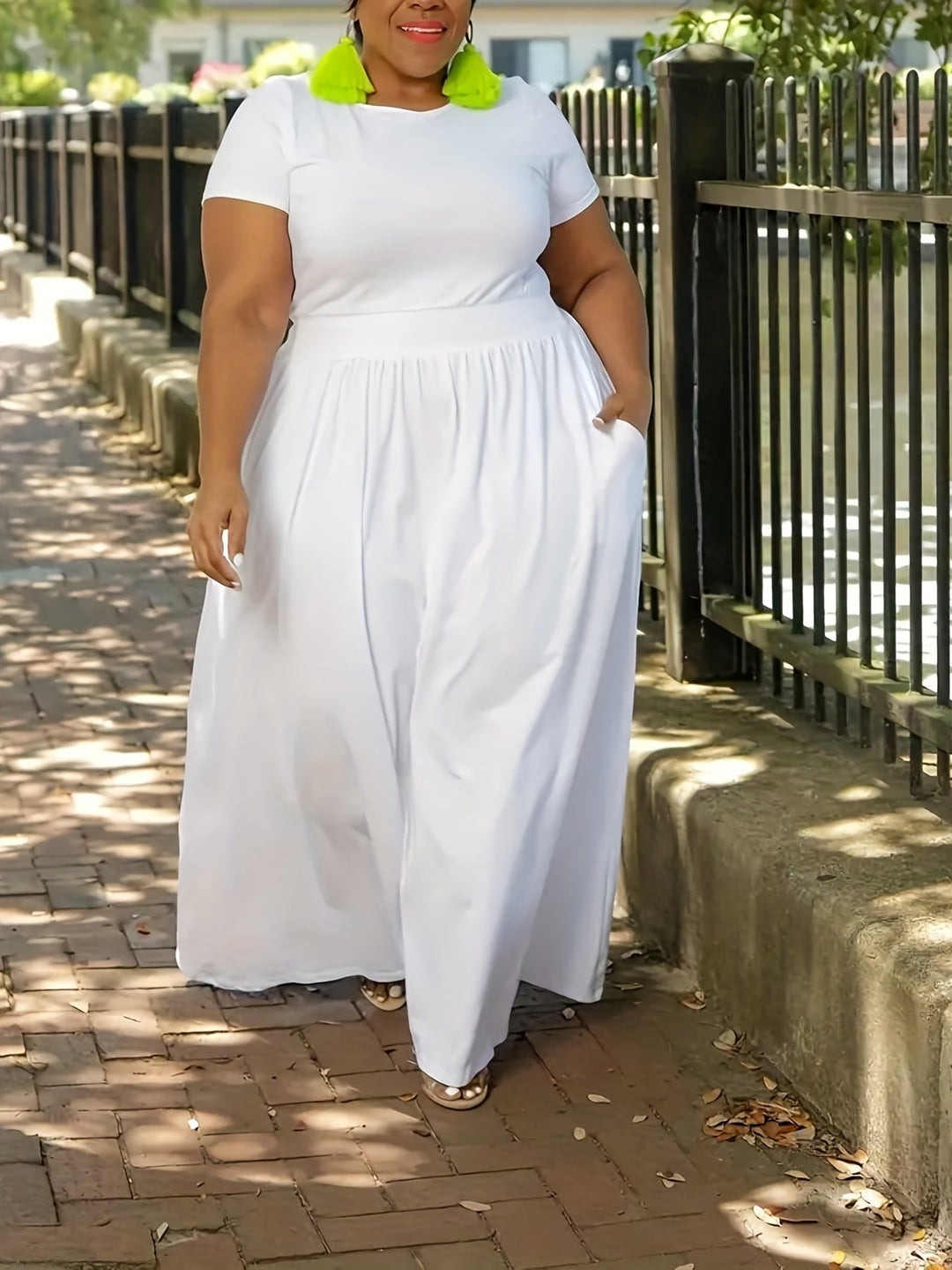Women's plus size short sleeve flowy maxi dress. Elegant & comfortable for summer casual wear.