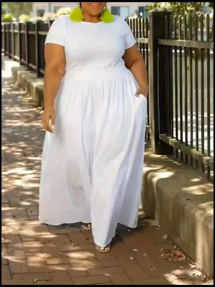 Plus size short sleeve flowy maxi dress for women. Elegant, casual, and super comfortable for summer.