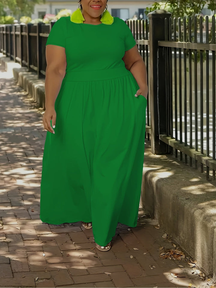 Comfortable plus size short sleeve flowy maxi dress for women. Perfect summer party attire.